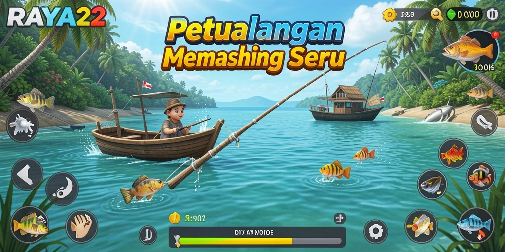 Screenshot gameplay seru dari RAYA22 saat memancing ikan besar.